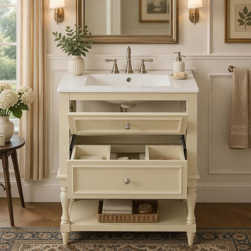 Meuble-lavabo rétro de 61 cm (24 pouces) avec lavabo en céramique, tablette ouverte et 2 tiroirs pour un rangement élégant