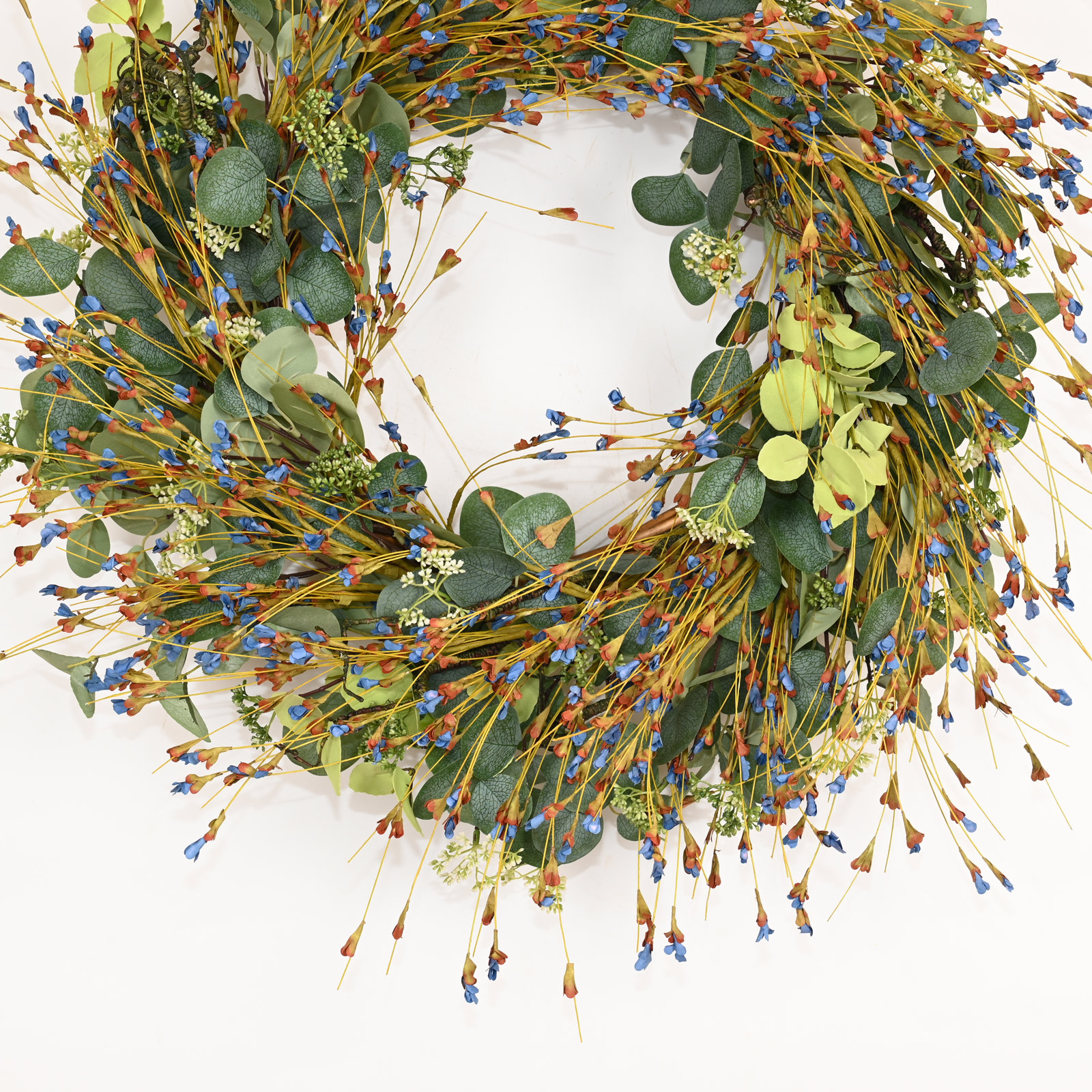 24" Artificial Farmhouse Blossom Cluster Eucalyptus Greenery Foliage Wildflower Fall Wreath For Front Door, Blue