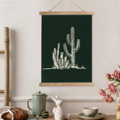 Impression de cactus en pot, art mural à volutes suspendues, cintre en bois intégré, 16 x 24