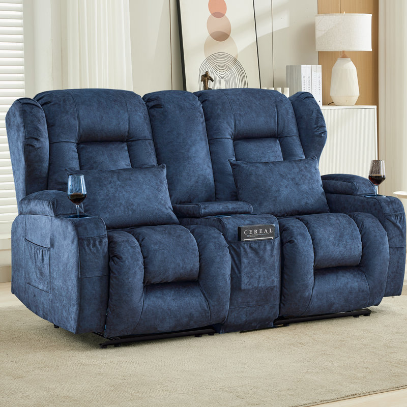 Loveseat Recliner with Storage Center Console, Manual Double Reclining Sofa with Pockets, Cup Holders, Pillows, Blue Velvet