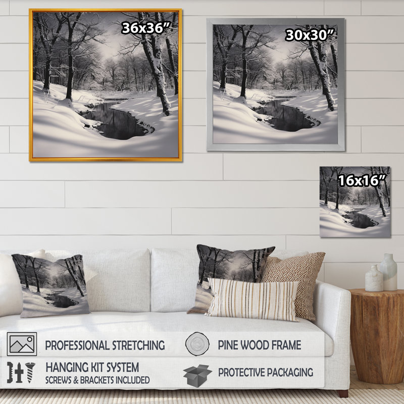 Paysage d'hiver au pays des merveilles I, Cadre flottant doré, H 30 po x l 30 po x P 1 po