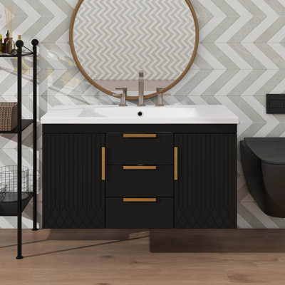 Armoire de rangement murale 36 po avec lavabo, 2 portes, 2 tiroirs, meuble-lavabo flottant avec garniture décorative