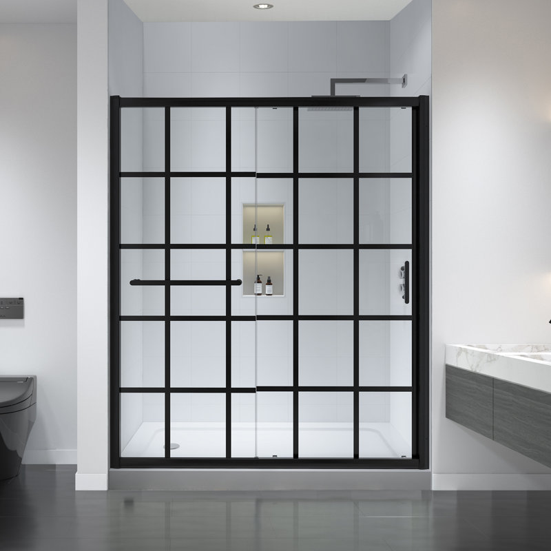 66" W x 72" H Single Sliding Aluminum Framed Black-Grid Shower Door with Heat Soaking Process and Protective Coating Treatment