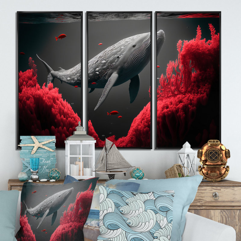 Baleine en rouge et gris - 3 pièces sur toile, H 20 po x l 36 po x P 1 po, Toile à cadre flottant noir