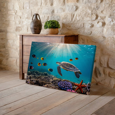 Toile, une scène sous-marine vibrante remplie de vie marine colorée avec art mural Une tortue de mer majestueuse nageant gracieusement au milieu d'une toile