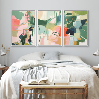 Effet de peinture abstraite grunge «Harmony in Abstraction Contemporary Geometric», 3 pièces sur toile