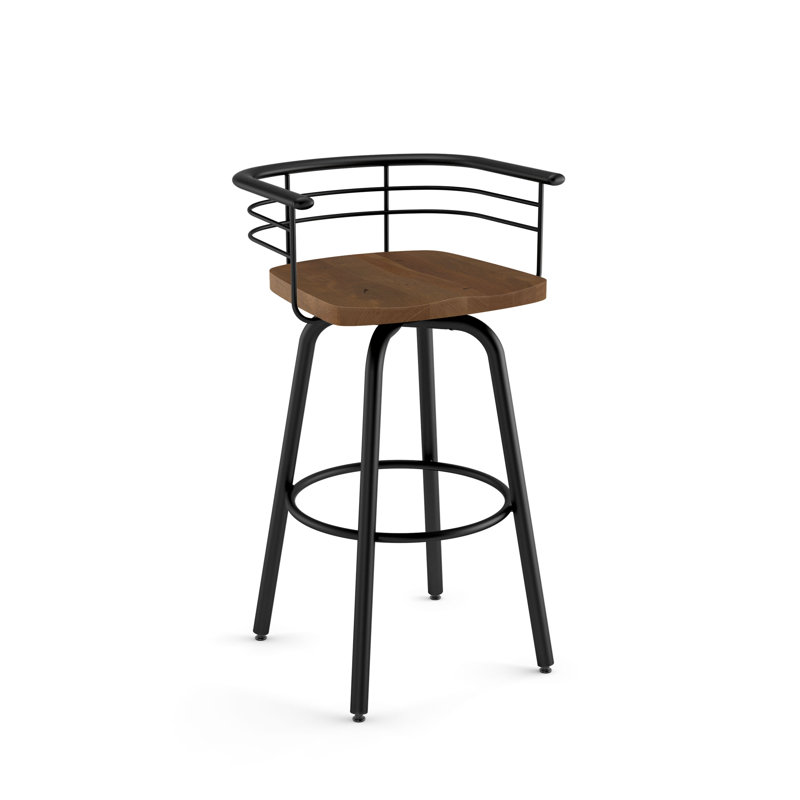 Friedell Solid Wood Swivel Counter & Bar Stool, Brown Wood, Textured Black Metal, Counter Stool (26" Seat Height)