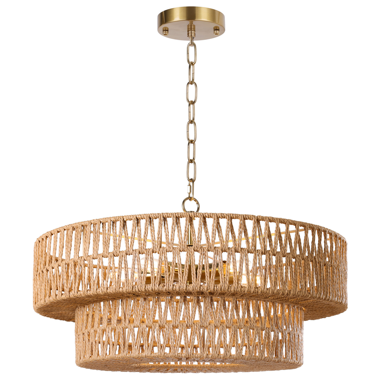 5-Light 21.6" Dimmable Hand-Woven Rattan Drum Chandelier, Brushed Gold