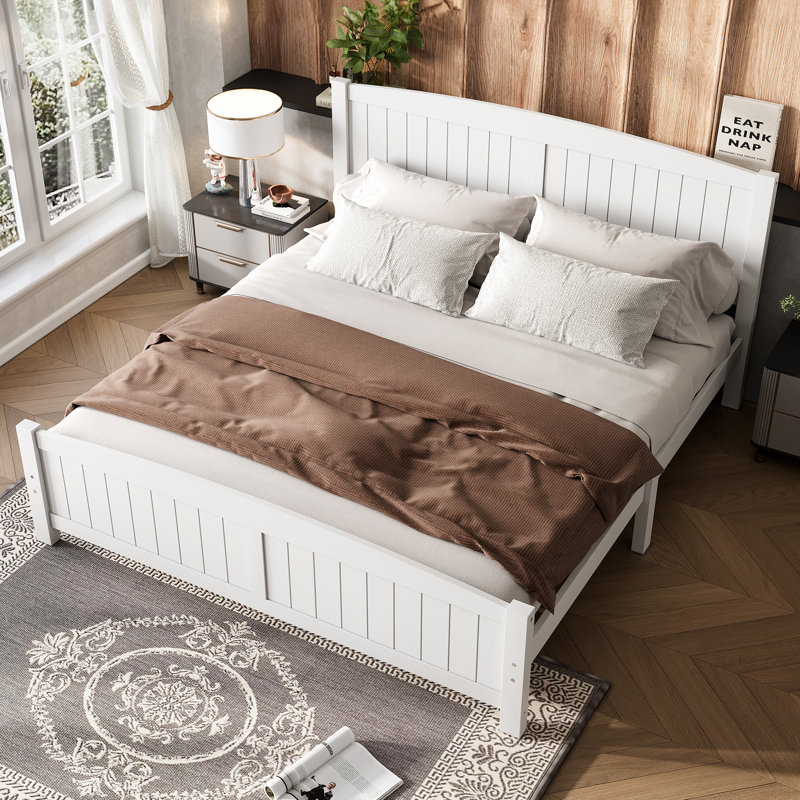 Structure de lit plateforme très grand en bois avec tête de lit, structure de lit en bois massif avec lattes de soutien, conception silencieuse, aucun sommier tapissier requis, blanc