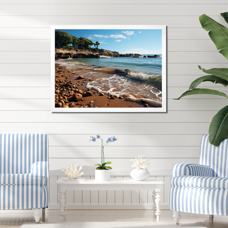 " Rocky Beach Serene Seascapes ", 30" H x 40" W x 1.5" D, White Single Picture Framed