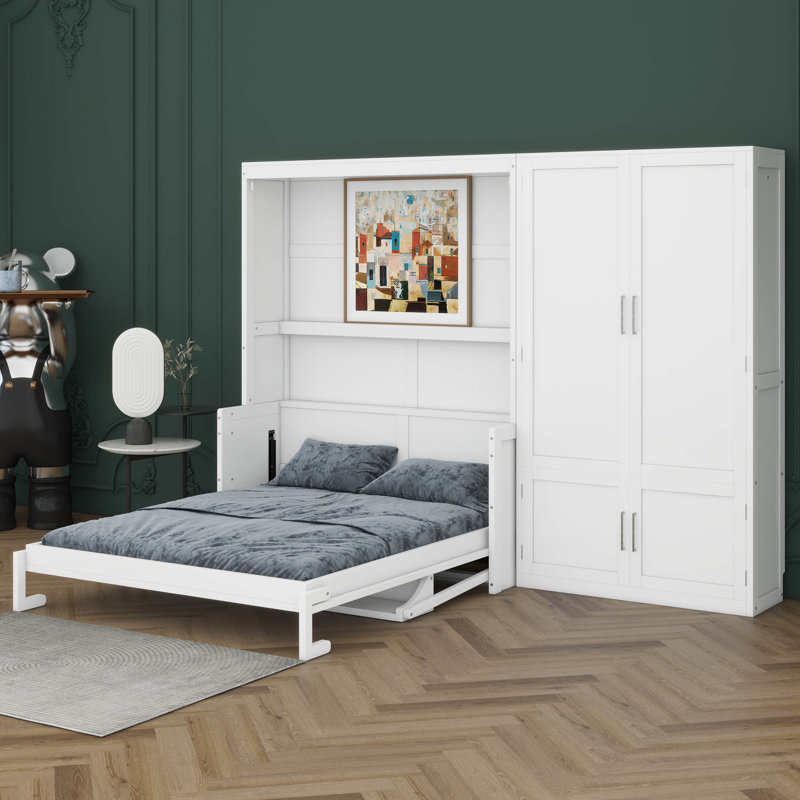 Grand lit armoire mural en bois avec rangement intégré, Blanc