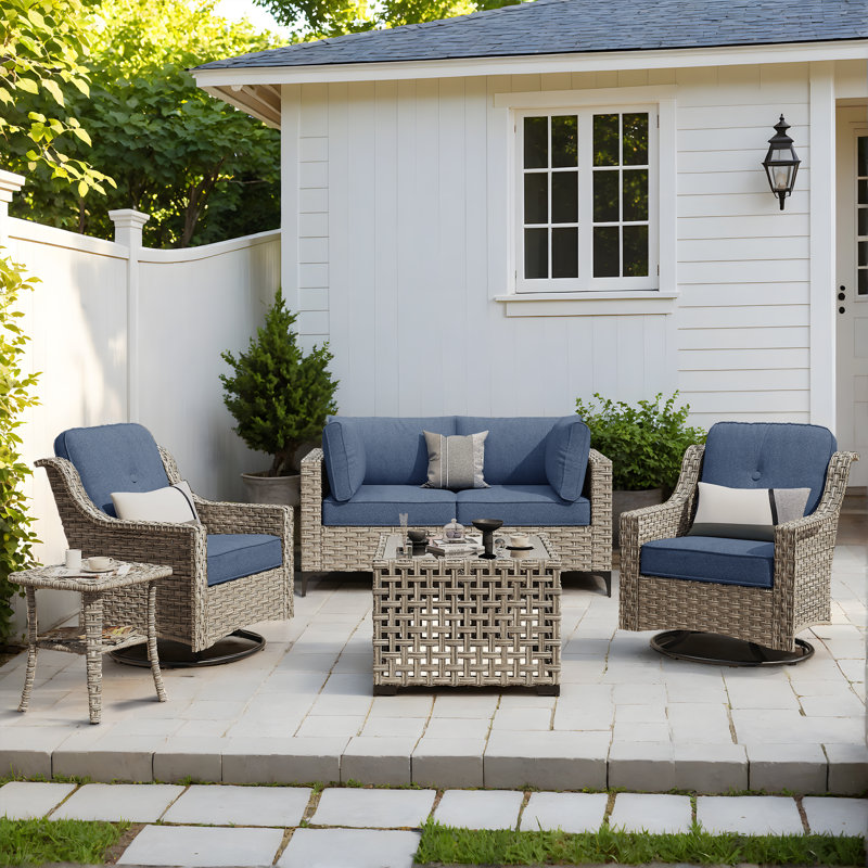 Demariea Outdoor Wicker 4 Person Seating Group With Cushions With Swivel Rocking Chairs, Blue