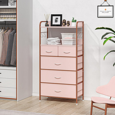 Space-Saving 5-Drawer Fabric Entryway Storage Cabinet – Metal Frame, 2 Open Shelves, Side Hooks, Modern Hallway Organizer, Easy Assembly