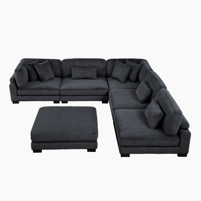 Canapé modulaire moderne en velours côtelé avec dossier réglable et 7 coussins Brinsley, Velours côtelé noir