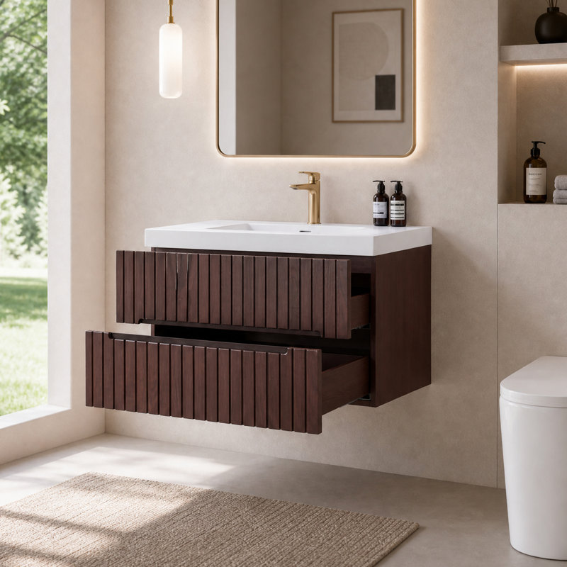 Meuble-lavabo suspendu de 91 cm (36 po) avec lavabo intégré en acrylique, 2 tiroirs et fini noyer foncé, 36"