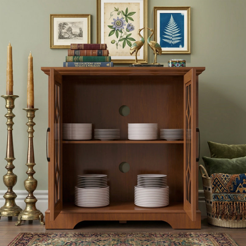 Buffet de 34,37 po de largeur avec 2 portes en verre trempé - Armoire de rangement en chêne foncé avec tablette réglable - Crédence de présentation de 34,06 po de hauteur - Chêne foncé