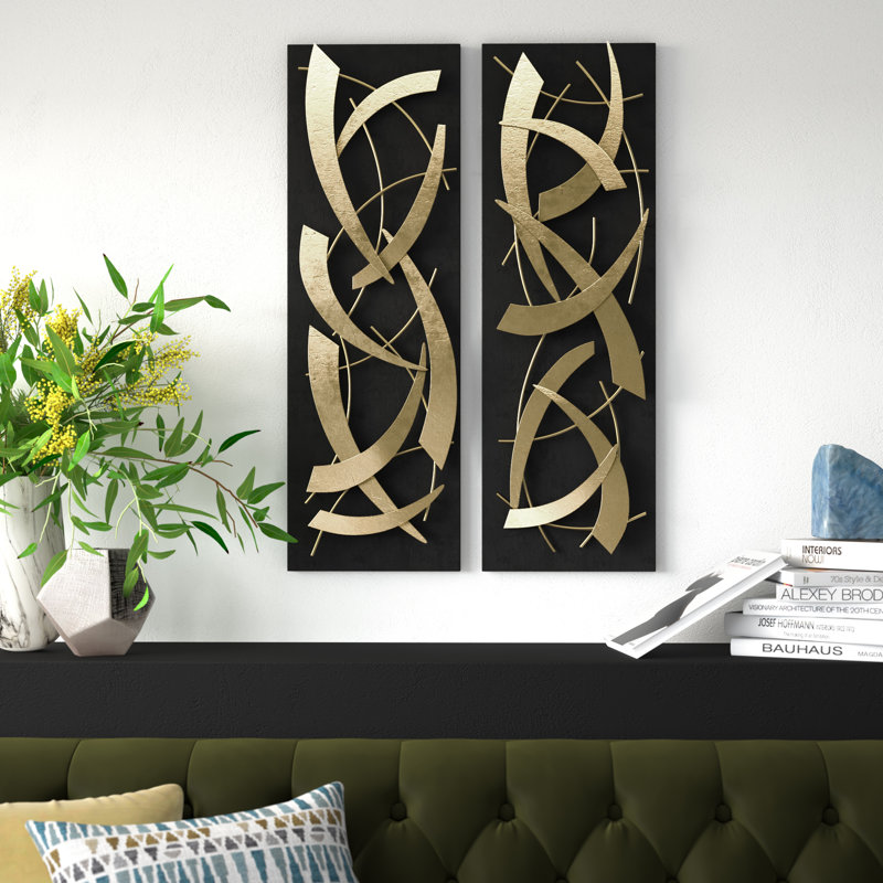Metal Dimensional Abstract Home Wall Decor with Black Wood Backing, Black