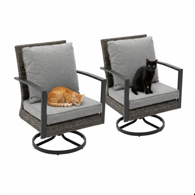 Set Of 2 Gray Swivel Rocker Patio Chairs, All-Weather Rattan With Cushions