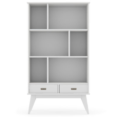 Draper 35"W Solid Hardwood 6 Shelf Compartment Mid-Century Modern Wide Bookcase with 2 Drawers