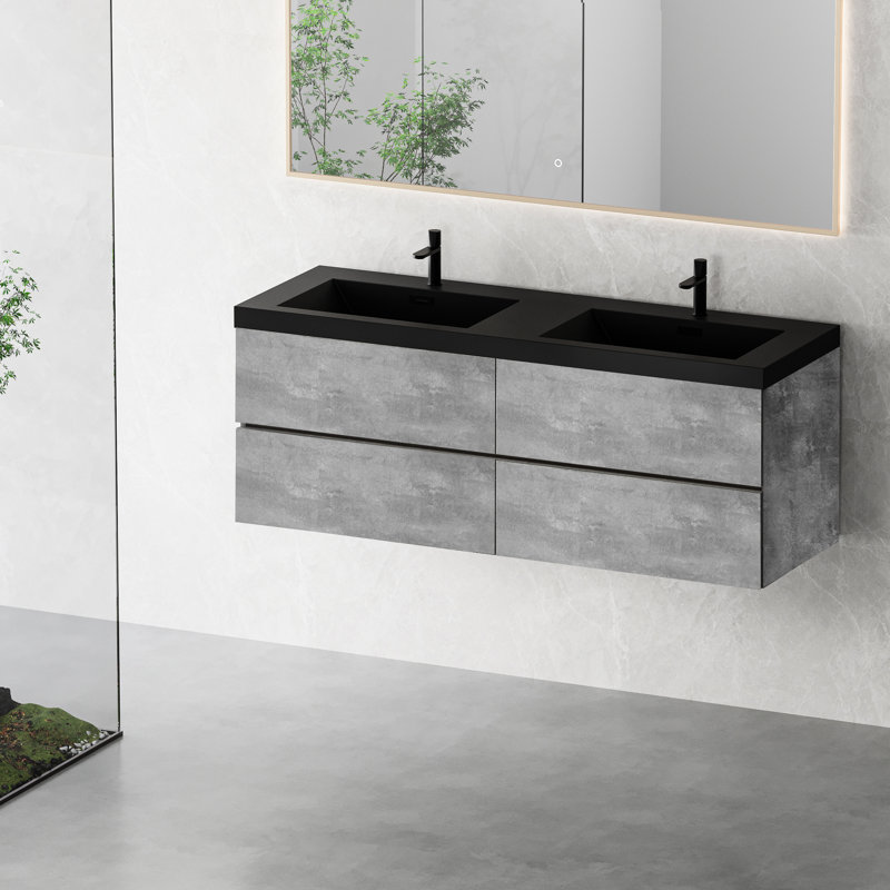 Meuble-lavabo 60 po avec lavabo double 60 po et 4 tiroirs à fermeture en douceur entièrement assemblés gris ciment 24V12-60Gr-W1573p155849