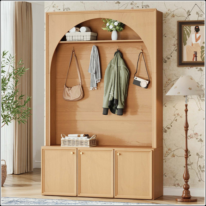 Farmhouse All-in-One Hall Tree with Arched Design and 3 Cabinets, Natural