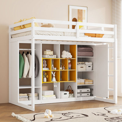 Wood Loft Bed With Wardrobe, Shelves And  Cabinet