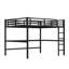Grand lit mezzanine noir en métal avec prise de courant et bricolage intelligent, créant des espaces séparés pour le travail, la charge de bureau à quatre côtés