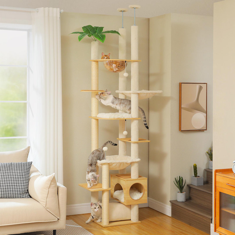 Tour d'escalade en bois pour chat, réglable en hauteur, avec poteau à griffer, appartement confortable, perchoir et grand hamac