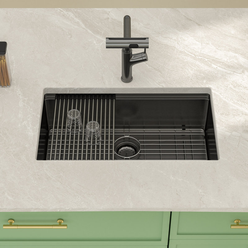 30'' L x 18'' W Undermount Stainless Steel Workstation Kitchen Sink, Gunmetal Black Nano Titanium Single Bowl Kitchen Sink with Cutting Board, Sink Grid, Colander and Strainer