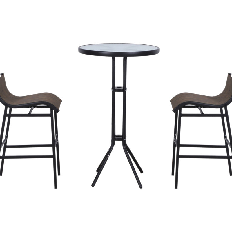 2 Bar Height Outdoor Bistro In Tan. Made Up Of Round Patio Pub Table And 2 Comfortable Chairs. Furniture For Gardens, Sunrooms. Relax With Seating. Tempered Glass Tabletop Easy Cleaning. Construction