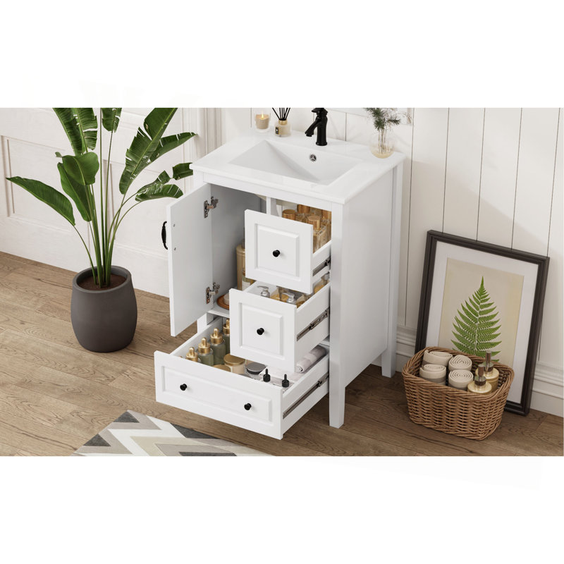 Meuble-lavabo de 24 po avec lavabo, une armoire avec porte à fermeture en douceur, 3 tiroirs à fermeture en douceur, poignées en métal rétro