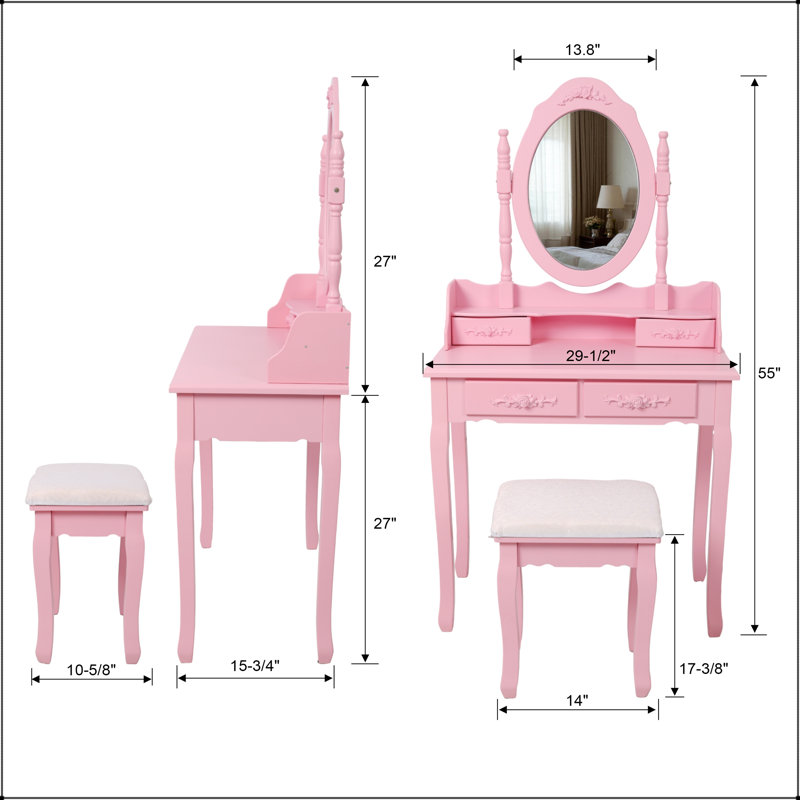 Pink Princess Vanity Desk Set with 360° Rotating Mirror, 4-Drawer Wooden Makeup Table for Girls' Bedroom, Pink
