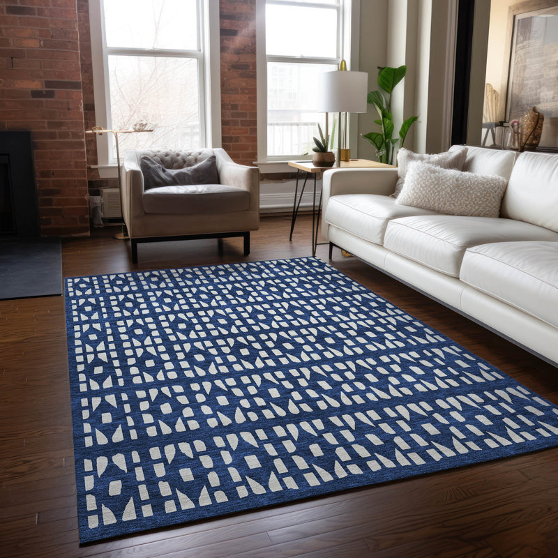 Navy Geometric Synthetic Rectangular Indoor/Outdoor Rug 2'6" x 3'10"