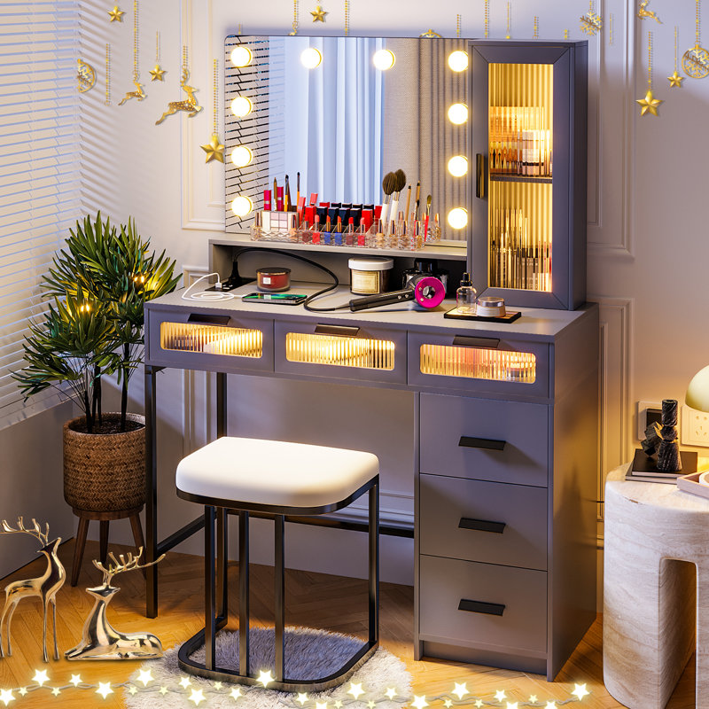 Seandell 49.5" W Solid and Manufactured Wood Makeup Vanity with Lighted Motion-Sensor Mirror, Gray