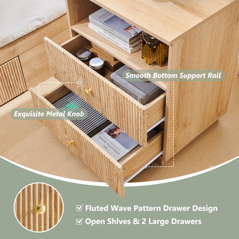 Aberdeen Modern End Table with Charging Station & Open Shelf, 2 Drawers Fluted Profile Design for Living Room , Bedroom,Natural