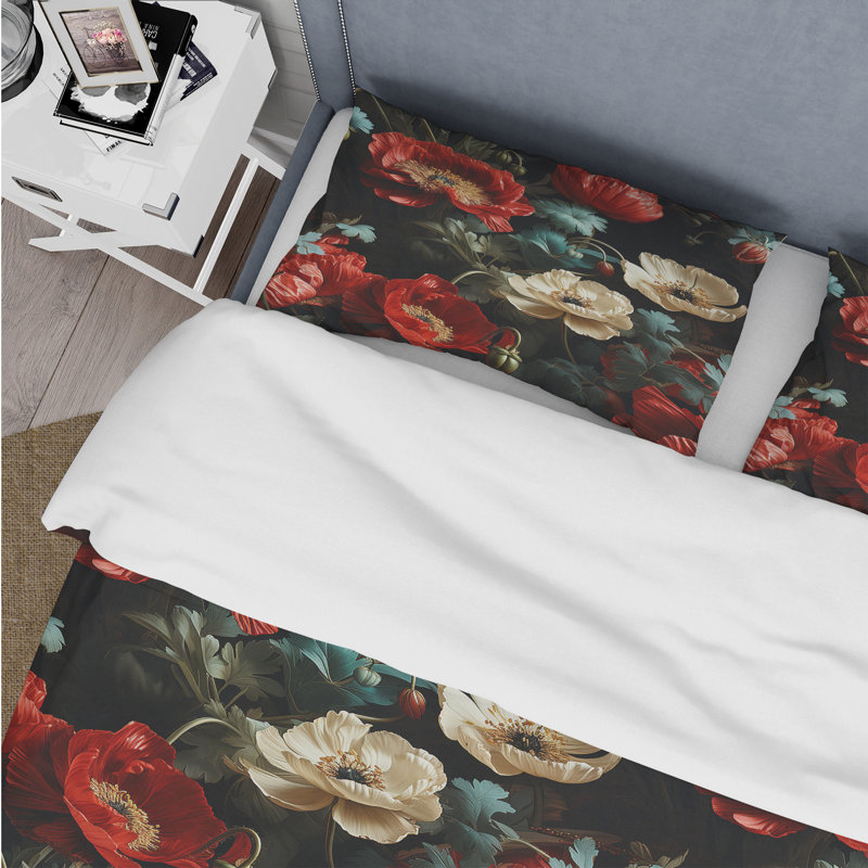 Literie florale rouge foncé et beige I, Housse de couette pour très grand lit et 2 très