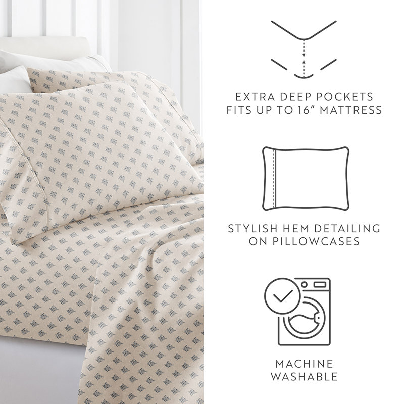 Blue Floral Microfiber Queen Sheet Set with Pillowcases