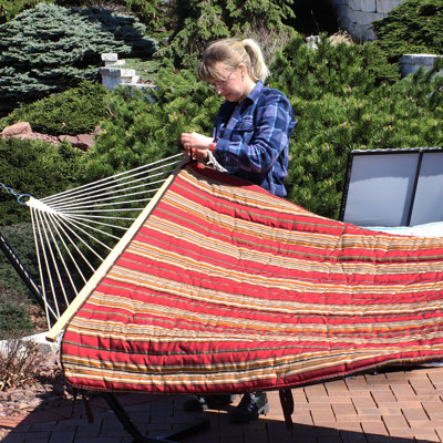 2-Person Polyester Rope Hammock and stand set with Removable Quilted Pad and Pillow - Awning Stipe