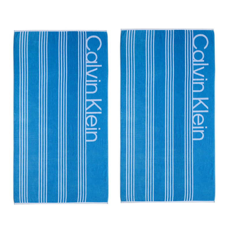 Calvin Klein Pinstripe Logo Blue 2 Piece Beach Towel Set, Pinstripe Logo Blue