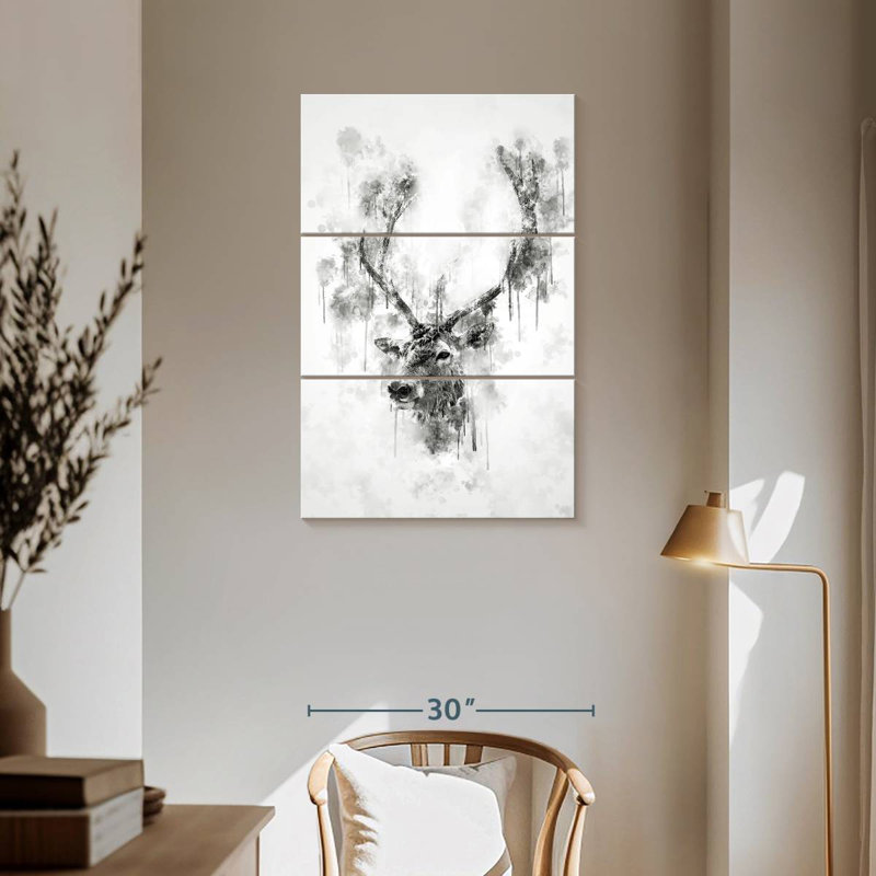 Tête de wapiti en noir et blanc, H 57 po x l 36 po