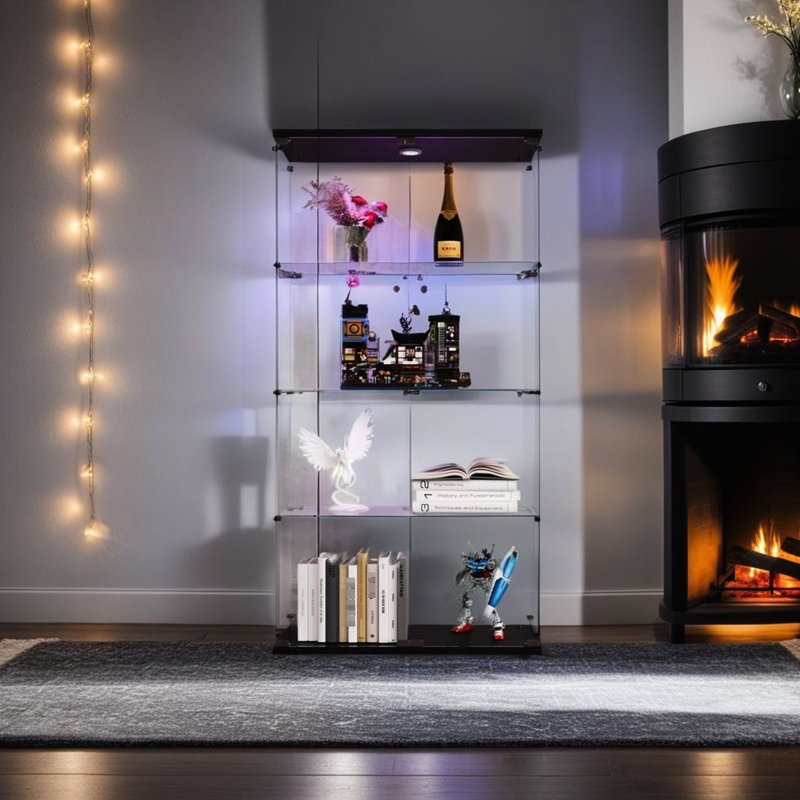 Black 4-shelf Lighted Glass Display Cabinet - 65.49”h X 31.63”l 14.77”w, Lights With 12 Color Settings By Remote Control, 5mm Tempered & Solid Wood, Safe , Lock For Security, 15 Lbs Shelf Capacity,