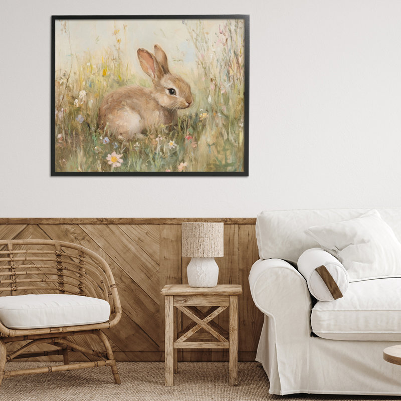 «Brown Bunny in Flower Meadow», estampe numérique par Petal Prints Design, H 24 po x l 30 po, Giclée encadrée noir minuit