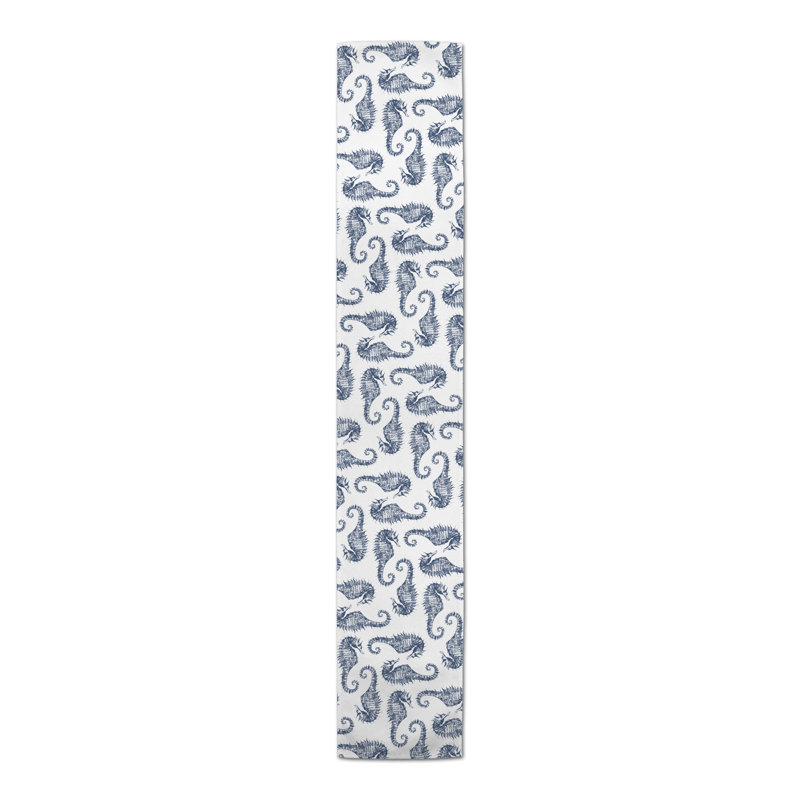 Watercolor Seahorse Coral Table Runner, 72" x 16", Navy, 1