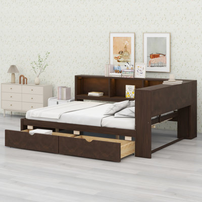 Modern Wood Daybed with Built-in Shelves, USB Charging, LED Lights and 2 Storage Drawers