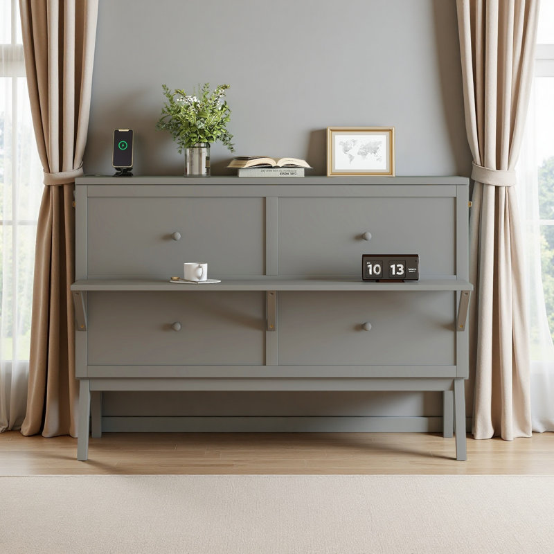 Grand lit escamotable avec port USB et tablettes amovibles de chaque côté, Gris, Grand lit