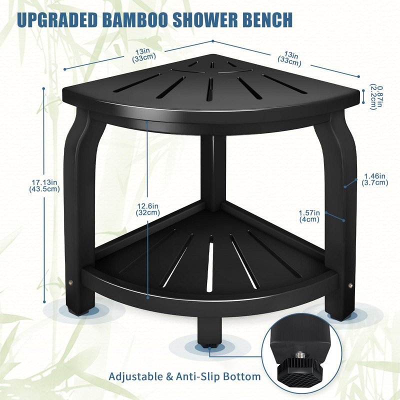 Bamboo Corner Shower Stool For Shaving Legs Foot Rest, Waterproof Bath Bench Seat With Storage Shelf For Bathroom Inside Shower, Hold Up To 450Lbs