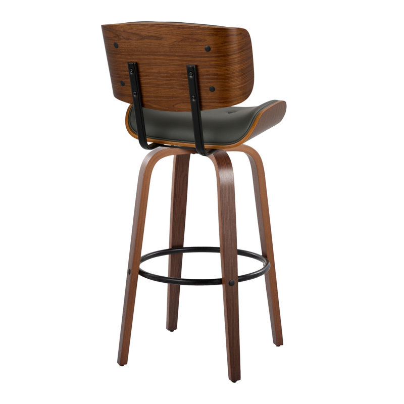Lombardi 30" Mid-Century Modern Fixed-Height Barstool With Swivel In Walnut Wood And Grey Faux Leather With Round Black Metal Footrest By Lumisource - Set Of 2