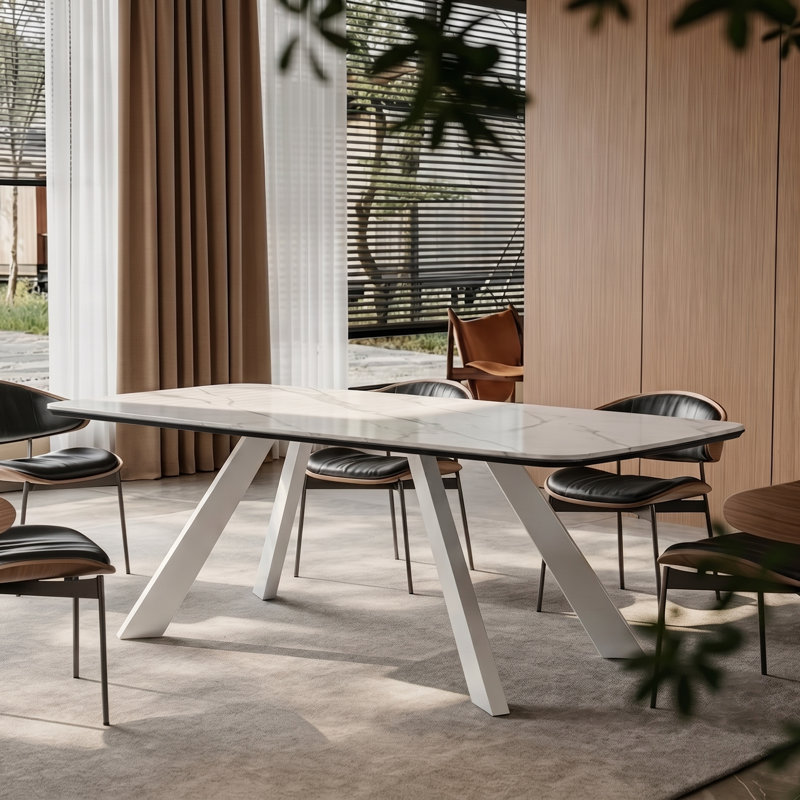 78.74" White Sintered Stone Dining Table, Modern Rectangular Kitchen Table with Angled Legs