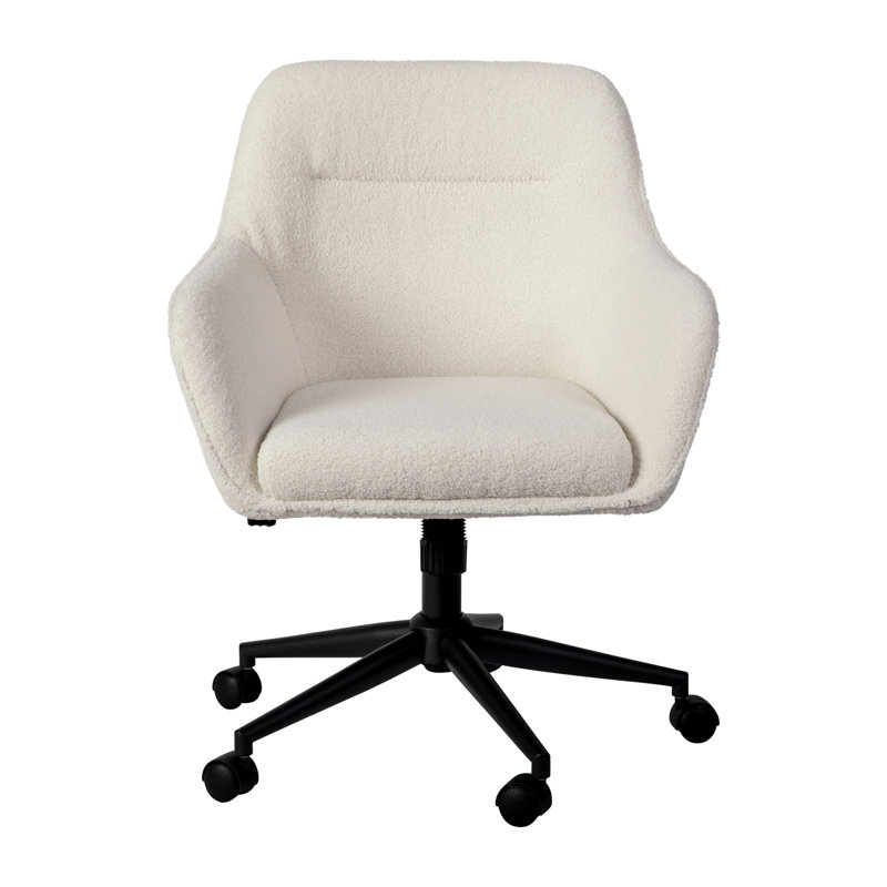Martha Stewart Rayna Upholstered Swivel Home Office Chair with Flared Arms, White, Black, Boucle