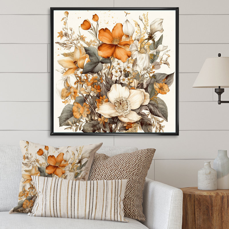 Traduction libre sur toile de Rozanna Cream and Orange Flowers Bouquet II, H 30 po x l 30 po x P 1 po, Cadre flottant noir